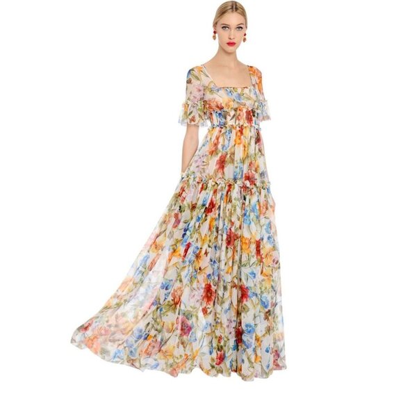 DOLCE & GABBANA Bamboo Floral Printed Silk Chiffon Dress Multicolor Size 38 - Picture 1 of 6